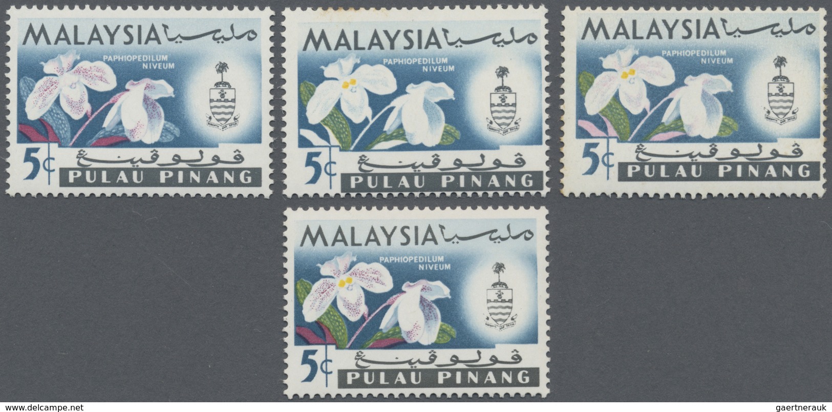 ** Malaiische Staaten - Penang: 1965, Orchids 5c. 'Paphiopedilum Niveum' Three Singles With Different V - Penang
