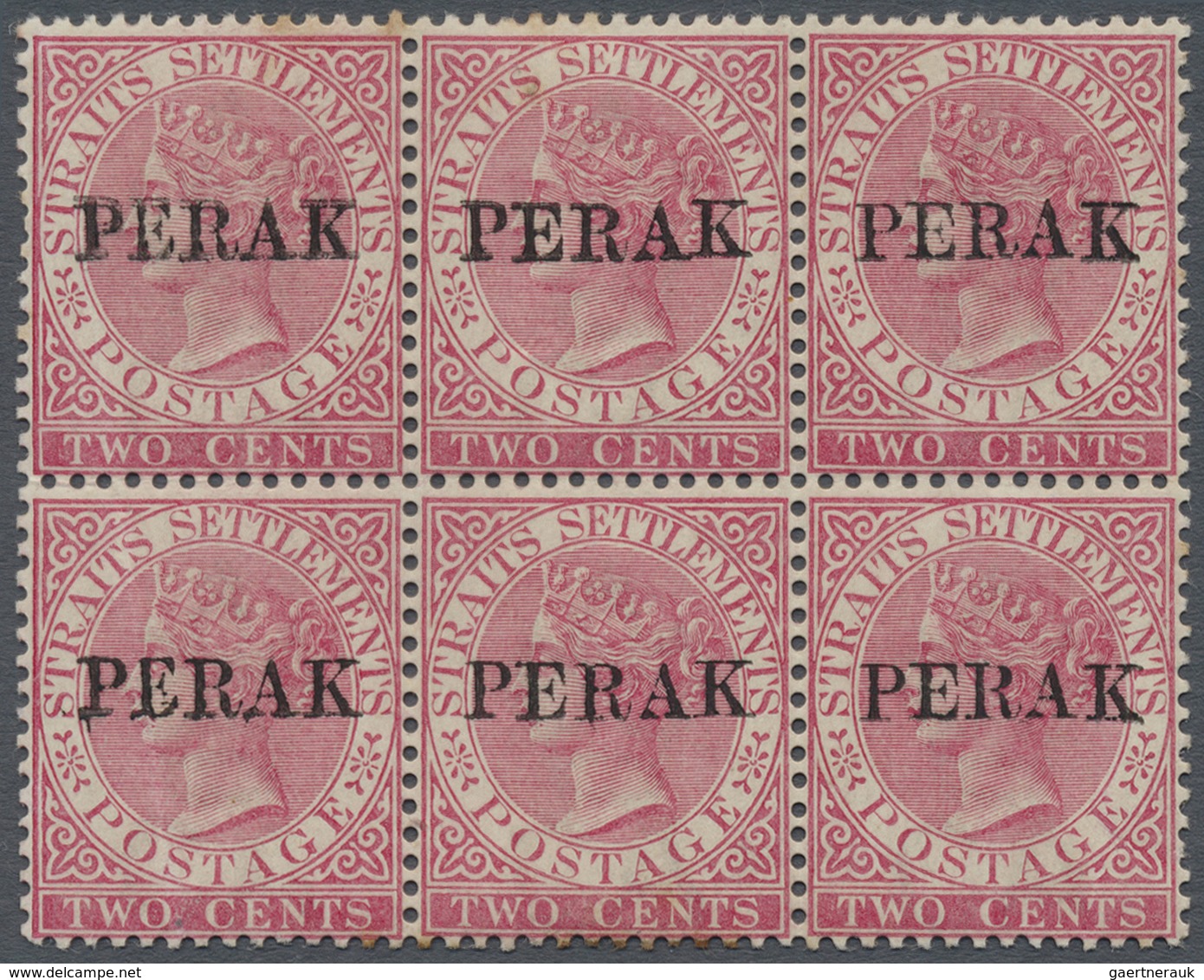 **/* Malaiische Staaten - Perak: 1884-91 2c. Pale Rose, Wmk Crown CA, Block Of Six Optd. "PERAK", Stamps - Perak