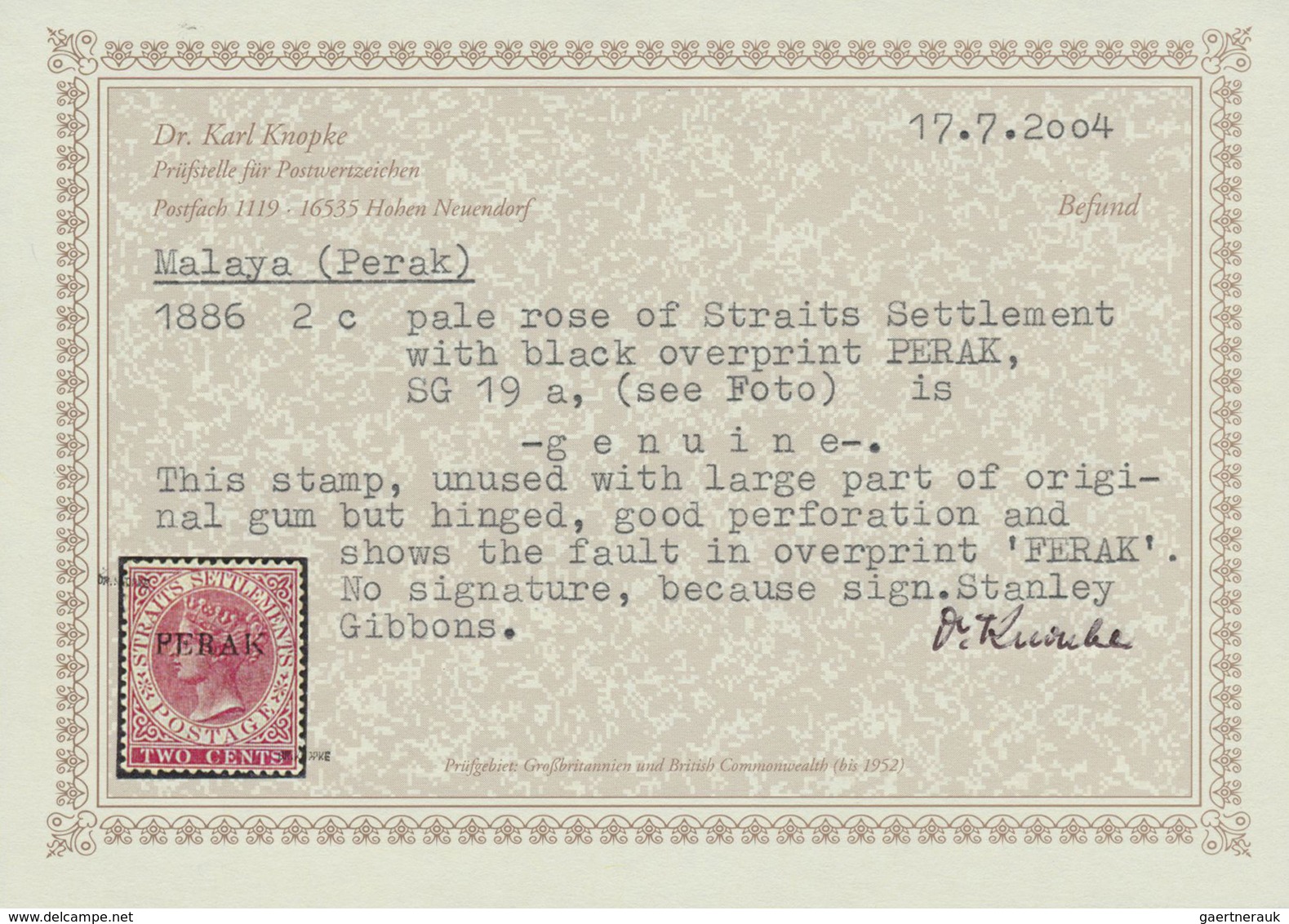 * Malaiische Staaten - Perak: 1884/1890, Straits Settlements QV 2c. Pale Or Bright Rose Wmkd. Crown CA - Perak