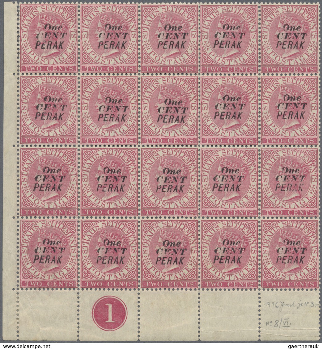 ** Malaiische Staaten - Perak: 1886, 1 C./2 C. Pale Rose, A Bottom Left Corner Margin Plate Number Bloc - Perak