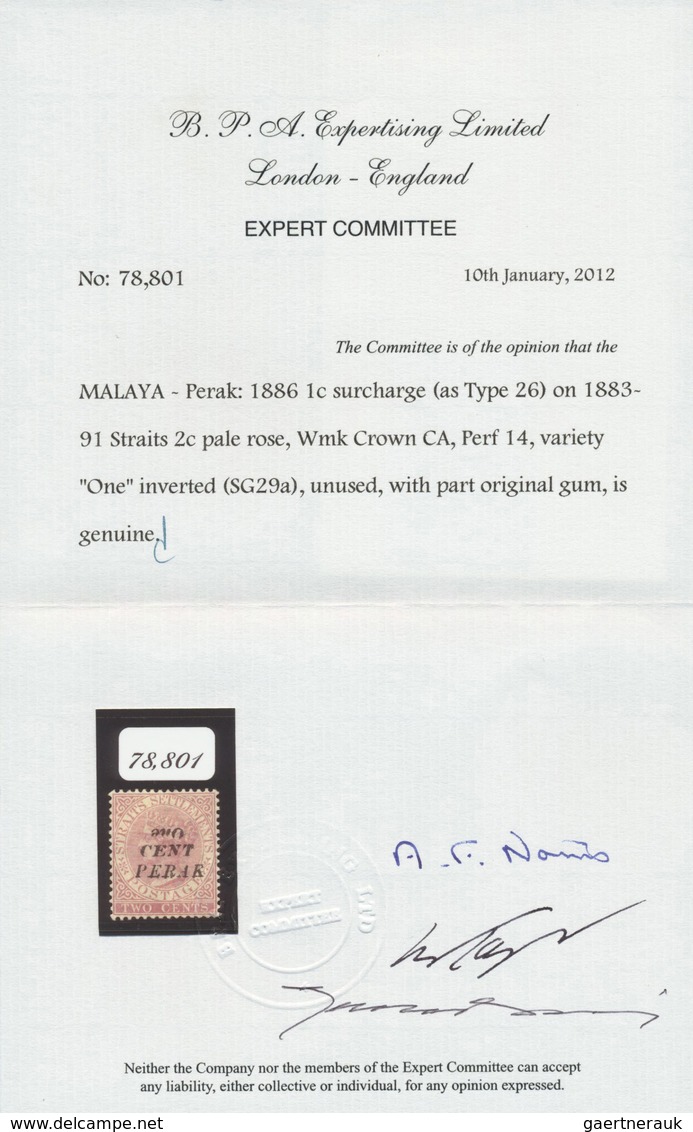 * Malaiische Staaten - Perak: 1886 1c. On 2c. Pale Rose, Surcharge Variety "One" INVERTED, Mounted Min - Perak