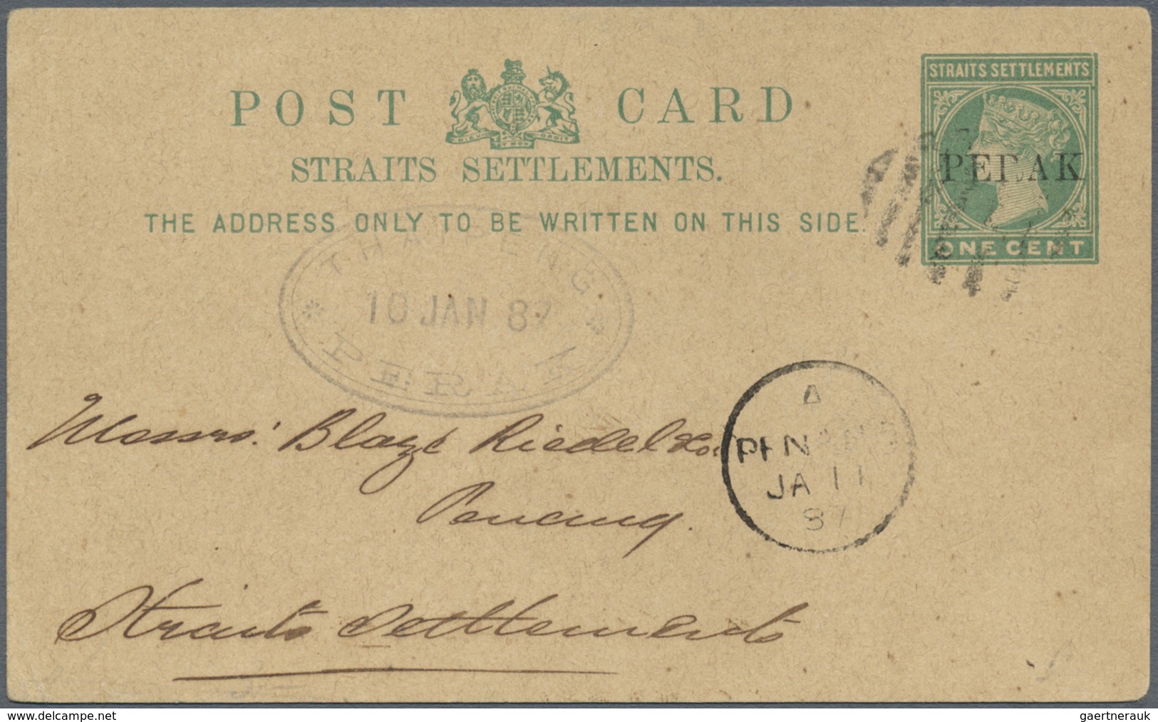 GA Malaiische Staaten - Perak: 1887, 1 C Green Straits Settlements QV Psc With Horizontal Ovp "PERAK" A - Perak