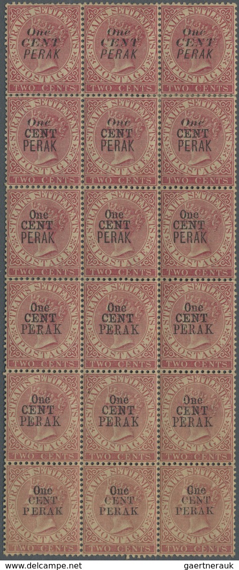 * Malaiische Staaten - Perak: 1887-89 1c. On 2c. Pale Rose Vertical Block Of 18 From Setting III (or I - Perak