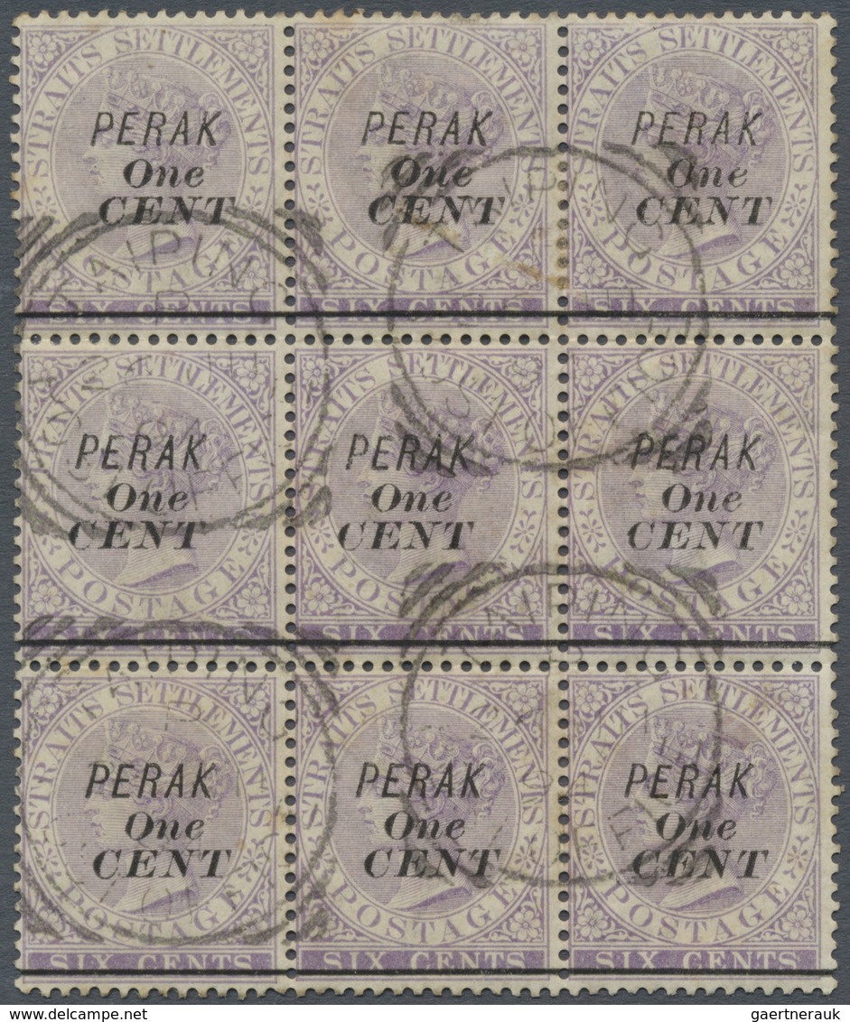 O Malaiische Staaten - Perak: 1891 1c. On 6c. Lilac Block Of Nine, Ovpt. Type 30, Stamps 4-6 Of Rows 1 - Perak