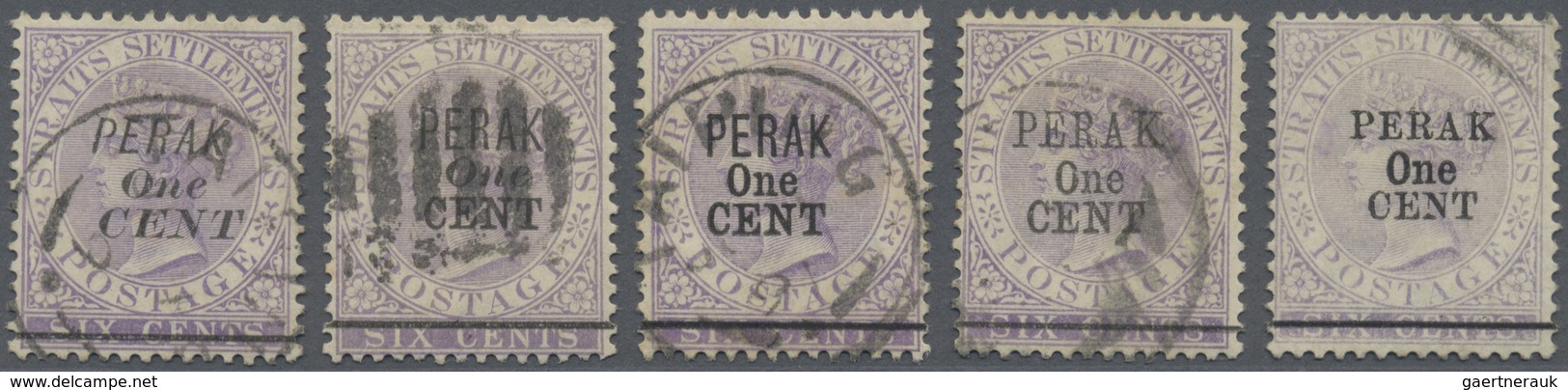 O Malaiische Staaten - Perak: 1891, Straits Settlements QV 6c. Lilac Wmkd. Crown CA Five Stamps With B - Perak