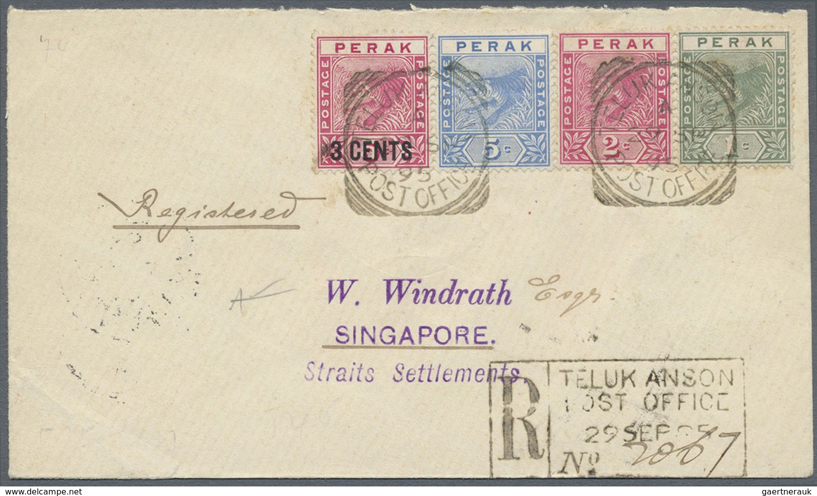 Br Malaiische Staaten - Perak: 1895 Registered Cover From Teluk Anson To Singapore Franked 1892-95 1c., - Perak