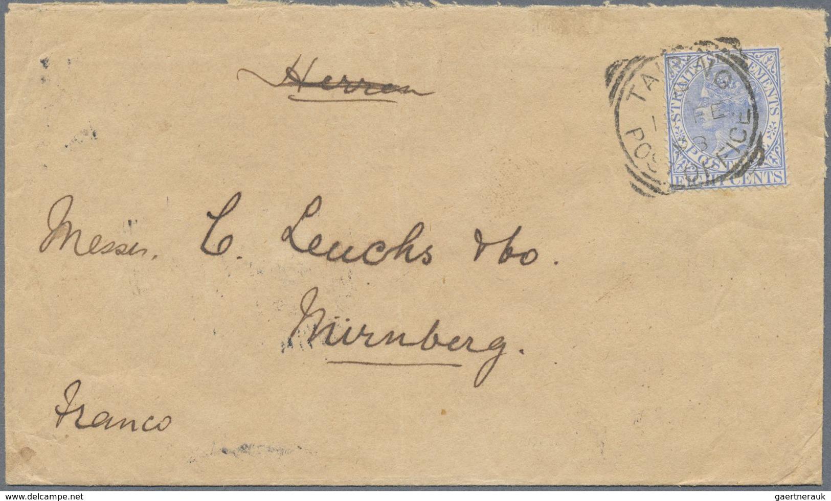 Br Malaiische Staaten - Perak: 1898 Cover From Taiping To Nuernberg, Germany Via Penang And Singapore, - Perak