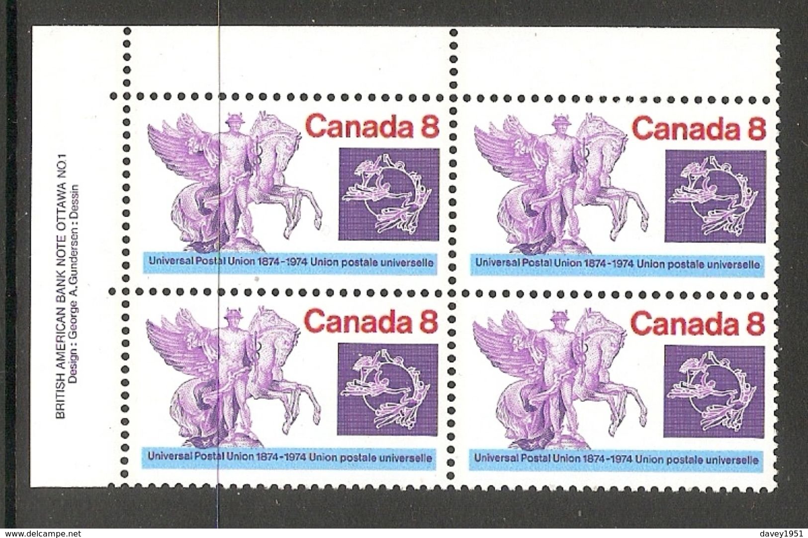 006348 Canada 1974 UPU 8c Plate Block UL MNH - Plate Number & Inscriptions