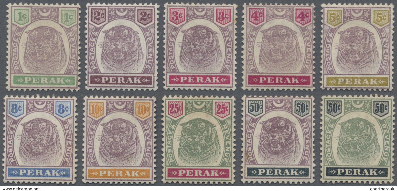 * Malaiische Staaten - Perak: 1895/1899, Tiger Head Definitives Complete Set Of 10 Incl. Both 50c. Val - Perak