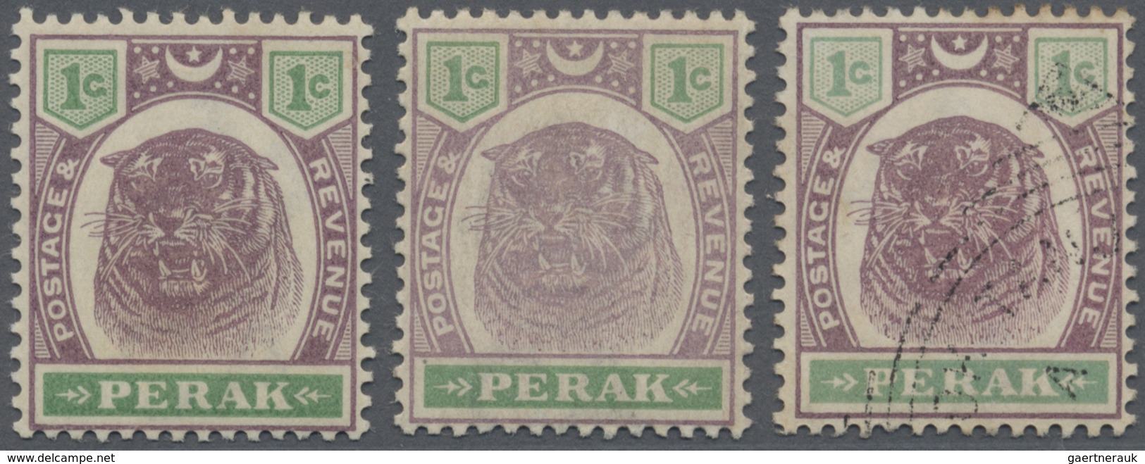 */O Malaiische Staaten - Perak: 1895, Tiger Head 1c. Dull Purple And Green Three Stamps With Variety 'MA - Perak