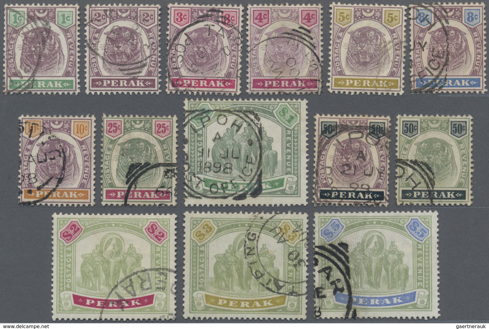 O Malaiische Staaten - Perak: 1895/1899, Tiger Head And Elephants Definitives Complete Set Of 14 To $5 - Perak