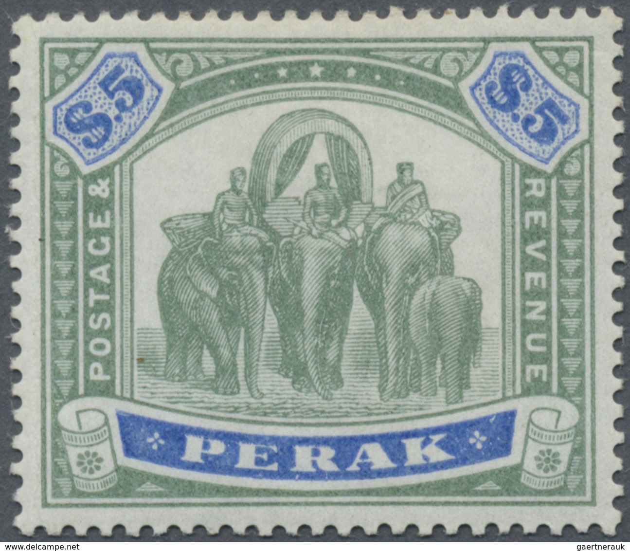 * Malaiische Staaten - Perak: 1896, Elephants $5 Green And Ultramarine Mint Hinged And Fine, Scarce St - Perak