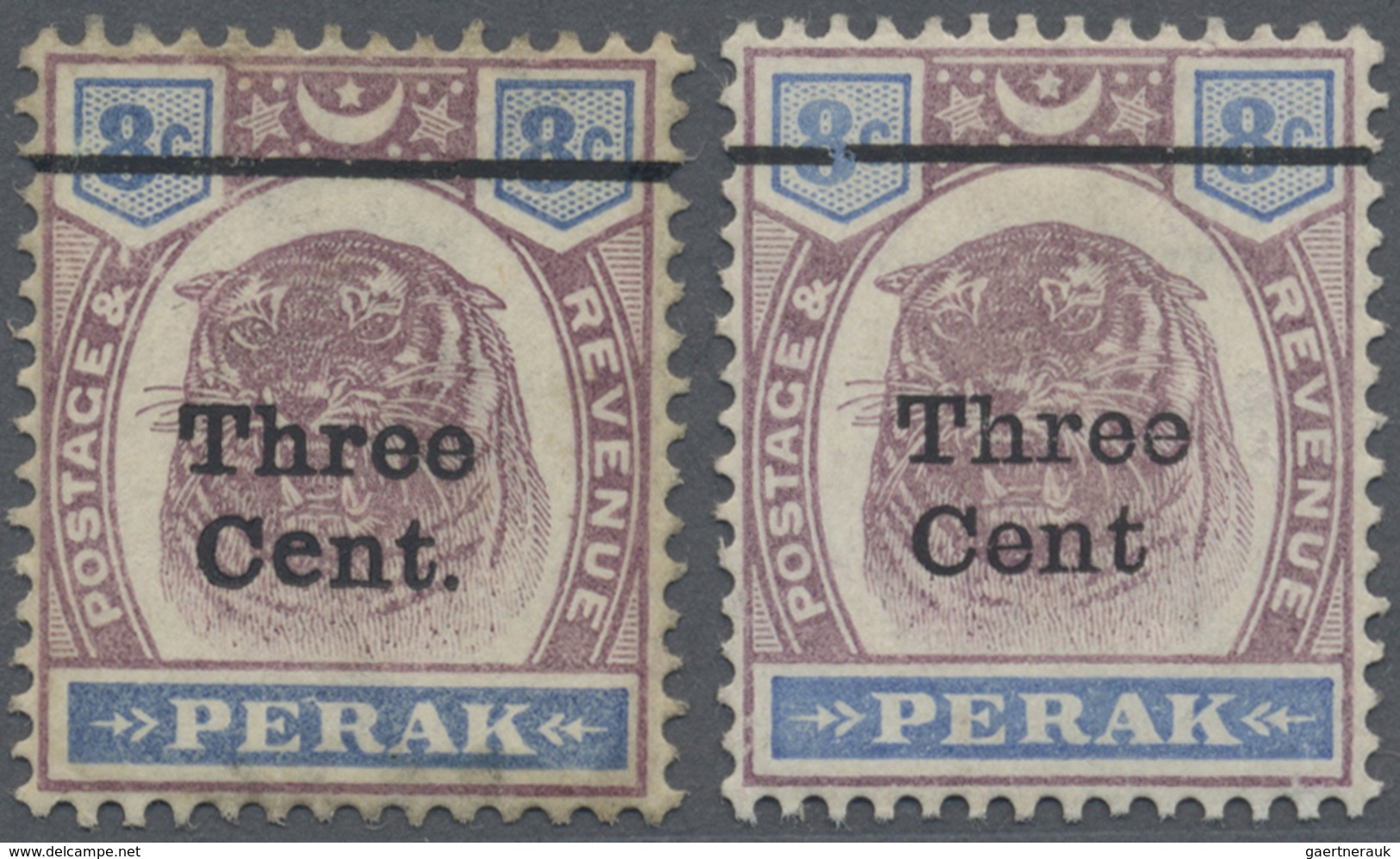 * Malaiische Staaten - Perak: 1900, Tiger Head 8c. Dull Purple And Ultramarine Surch. 'Three Cent' Two - Perak