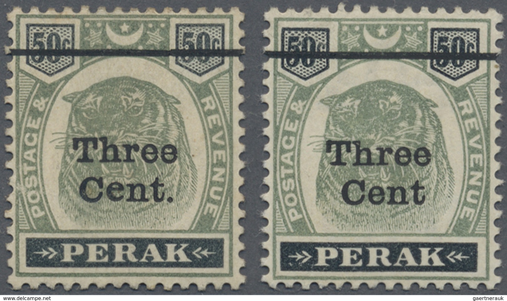 * Malaiische Staaten - Perak: 1900, Tiger Head 50c. Green And Black Surch. 'Three Cent' Two Stamps Wit - Perak