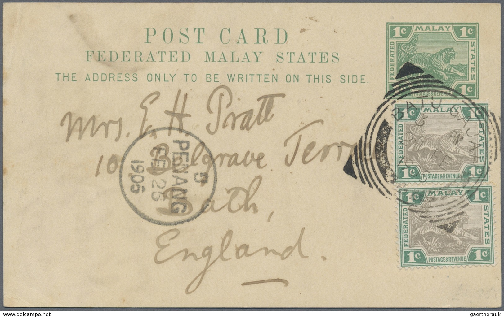 GA Malaiische Staaten - Perak: 1905 BATU GAJAH: F.M.S. Postal Stationery Card 1c. Green, Uprated Two Si - Perak