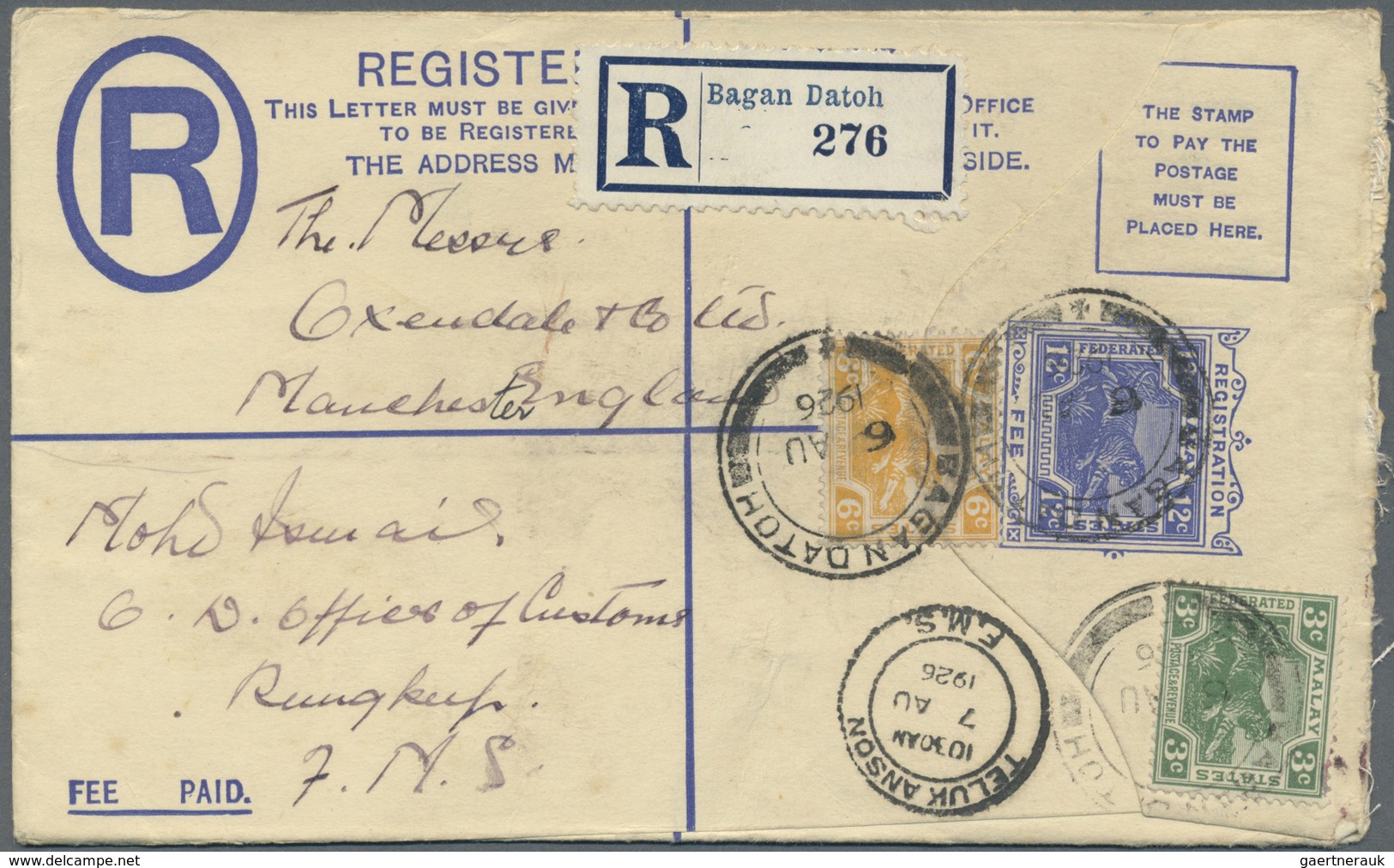 GA Malaiische Staaten - Perak: 1926 (6/8): Bagan Datoh, FMS 12c Registered Envelope To Manchester, Upra - Perak