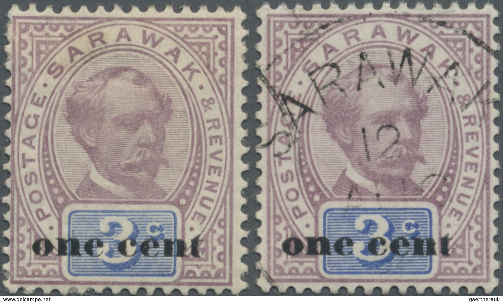 */O Malaiische Staaten - Sarawak: 1892, Sir Charles Brooke 3c. Purple And Blue Surcharged 'one Cent' Wit - Andere & Zonder Classificatie