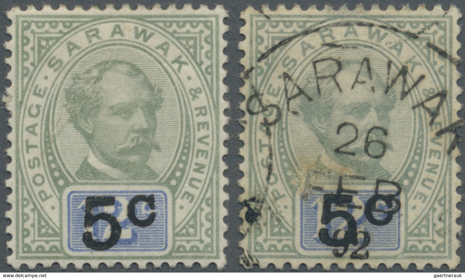 */O Malaiische Staaten - Sarawak: 1891, Sir Charles Brooke 12c. Green And Blue Surcharged '5 C' With Var - Other & Unclassified