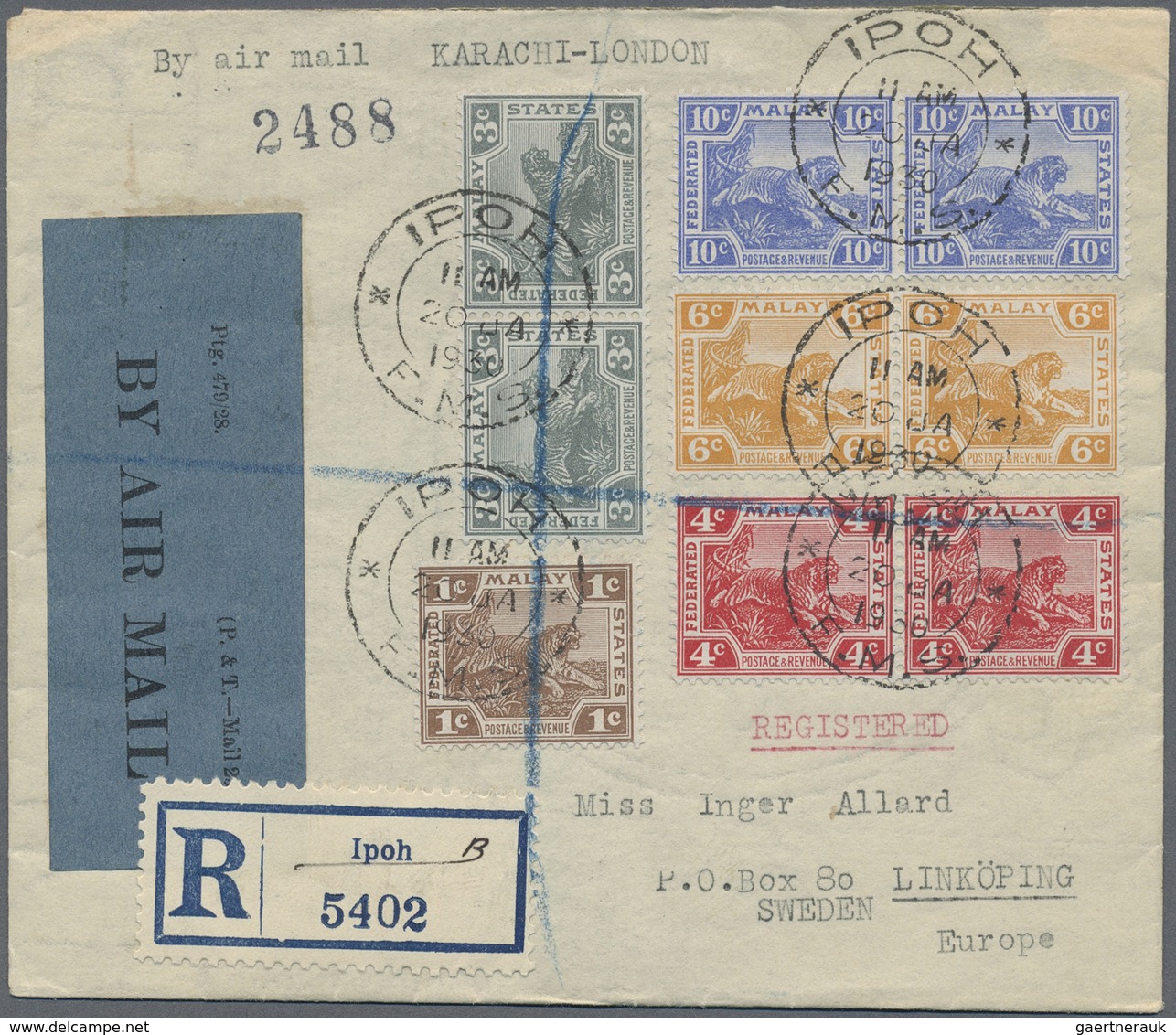 Br Malaiische Staaten - Perak: 1930 Destination SWEDEN: Registered Airmail Cover From Ipoh To Linköping - Perak