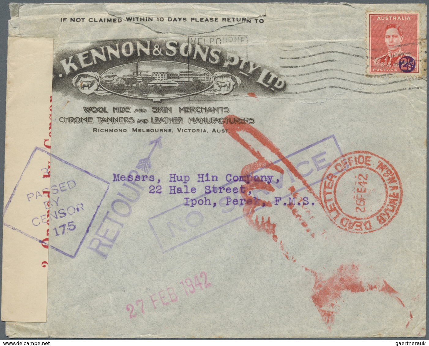 Br Malaiische Staaten - Perak: 1941/1942, Incoming Mail, Australia 2 1/2 On 2d Tied Machine "MELBOURNE - Perak