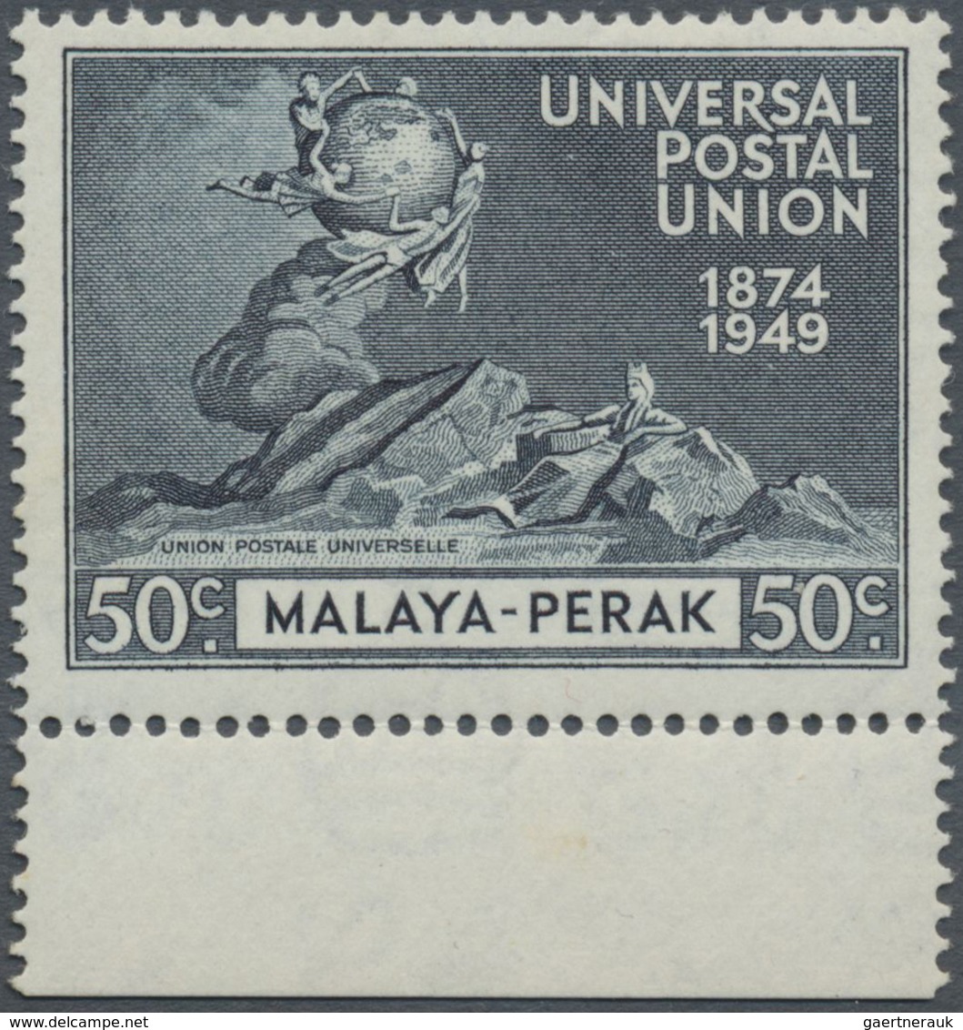 ** Malaiische Staaten - Perak: 1949 UPU 50c. Blue-black Bottom Marginal Single, Variety "C Of CA Missin - Perak