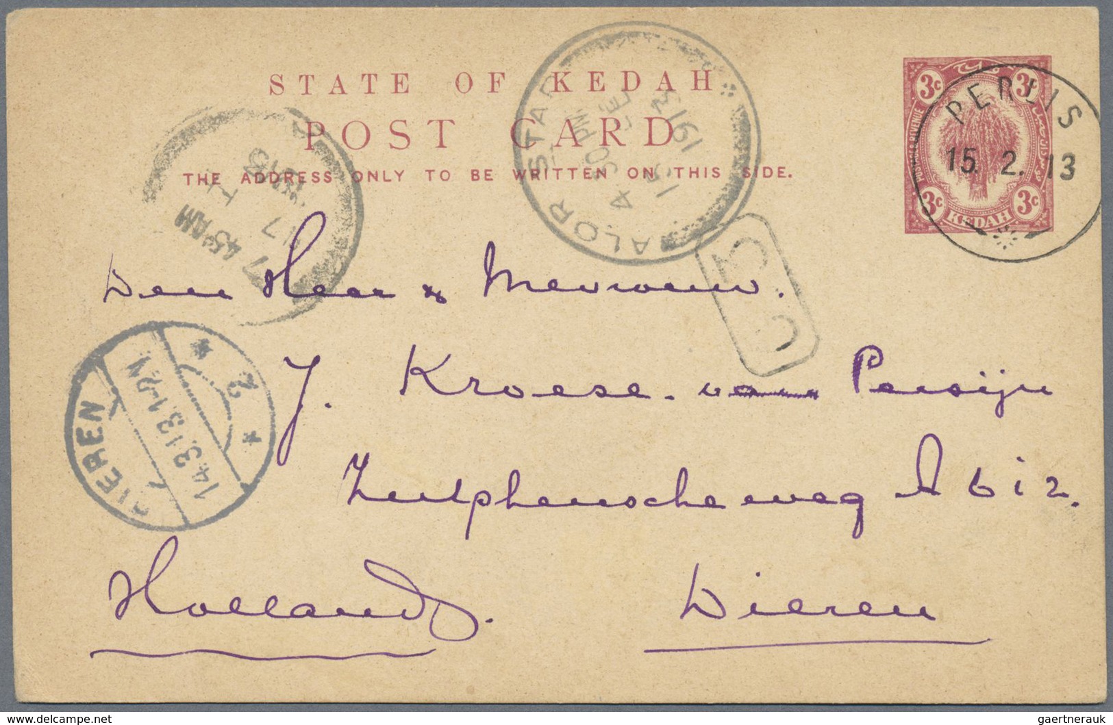 GA Malaiische Staaten - Perlis: 1913 Postal Stationery Card 3c. Of Kedah Used From PERLIS To HOLLAND, C - Perlis