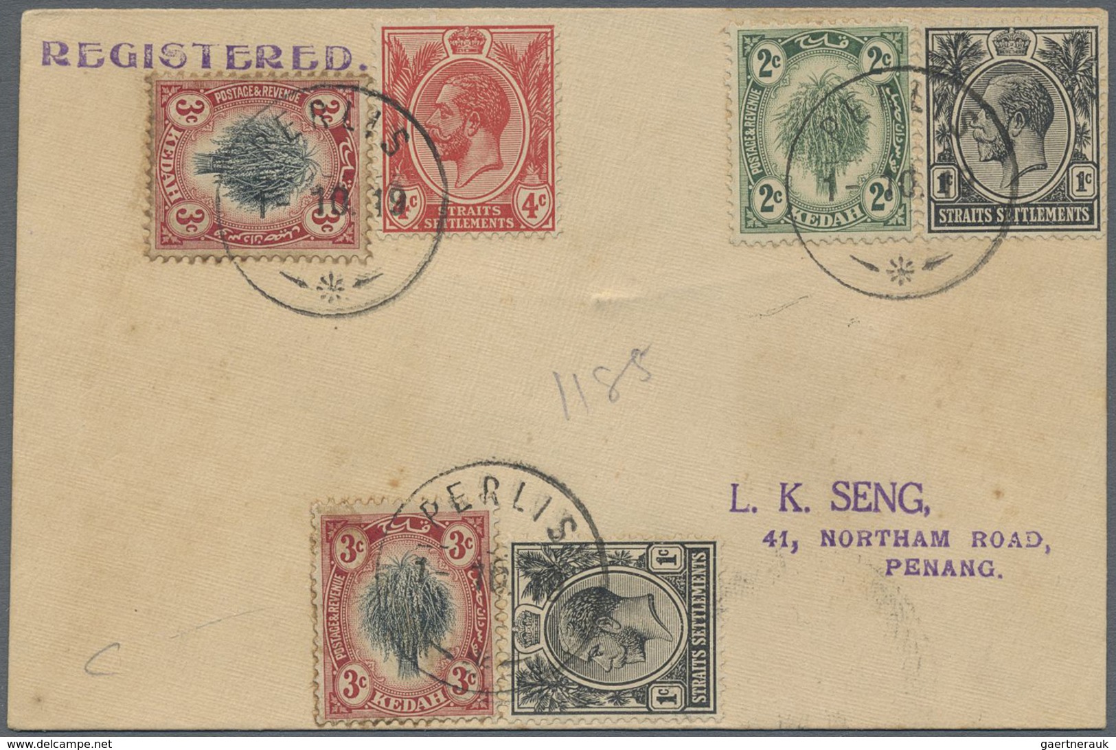 Br Malaiische Staaten - Perlis: 1919 KANGAR: Registered Cover From Kangar P.O. To Penang Franked By Ked - Perlis