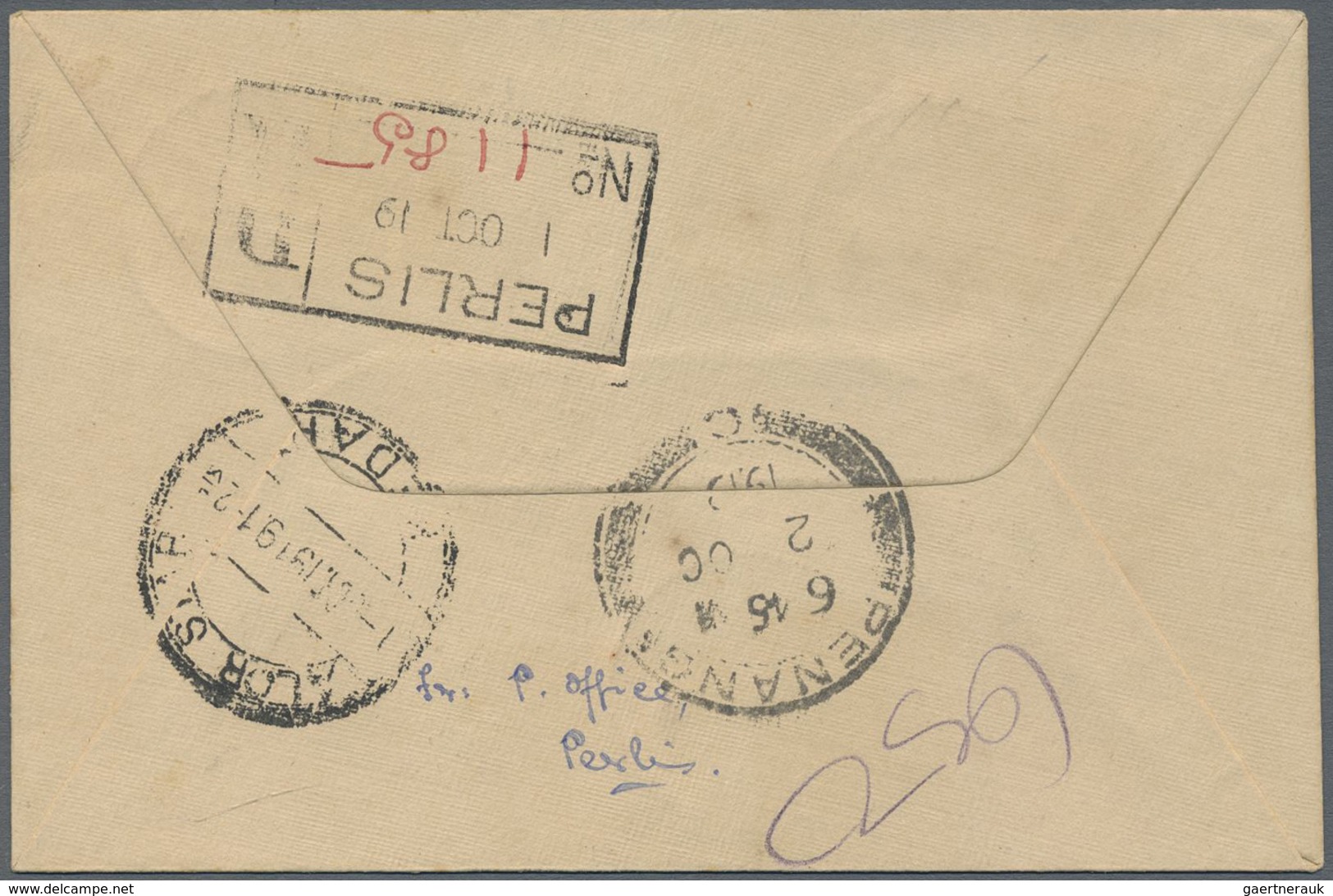 Br Malaiische Staaten - Perlis: 1919 KANGAR: Registered Cover From Kangar P.O. To Penang Franked By Ked - Perlis