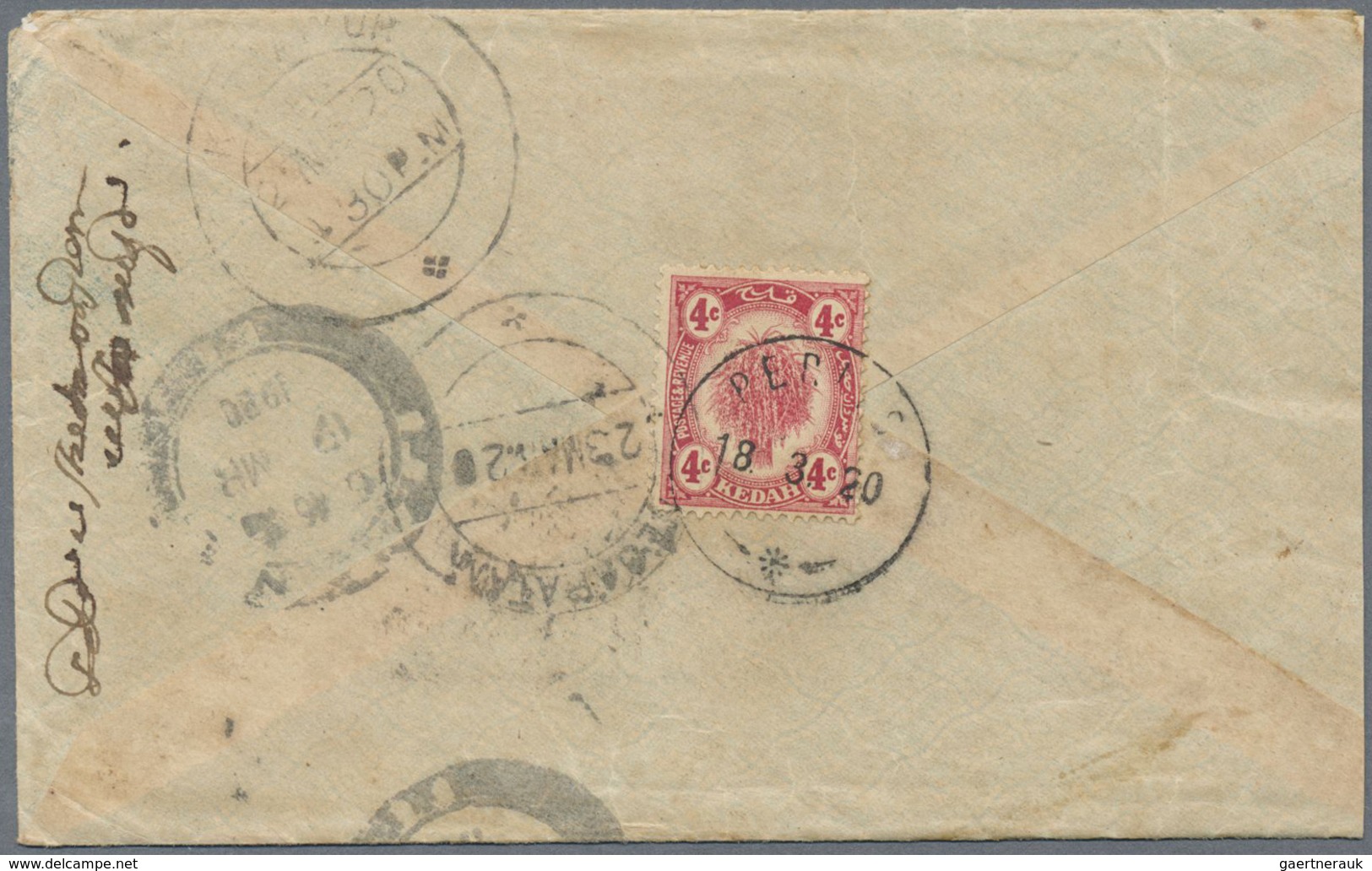 Br Malaiische Staaten - Perlis: 1920 Cover From PERLIS To India Franked On The Reverse By Kedah 4c. Red - Perlis