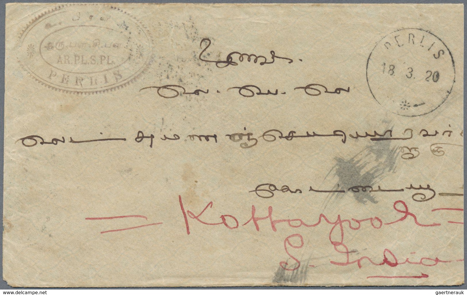 Br Malaiische Staaten - Perlis: 1920 Cover From PERLIS To India Franked On The Reverse By Kedah 4c. Red - Perlis