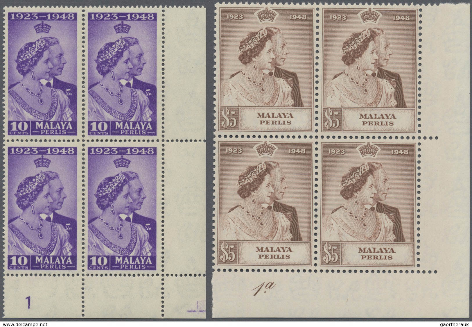 **/O Malaiische Staaten - Perlis: 1948, Royal Silver Wedding Both Values In Blocks Of Four From Lower Rig - Perlis