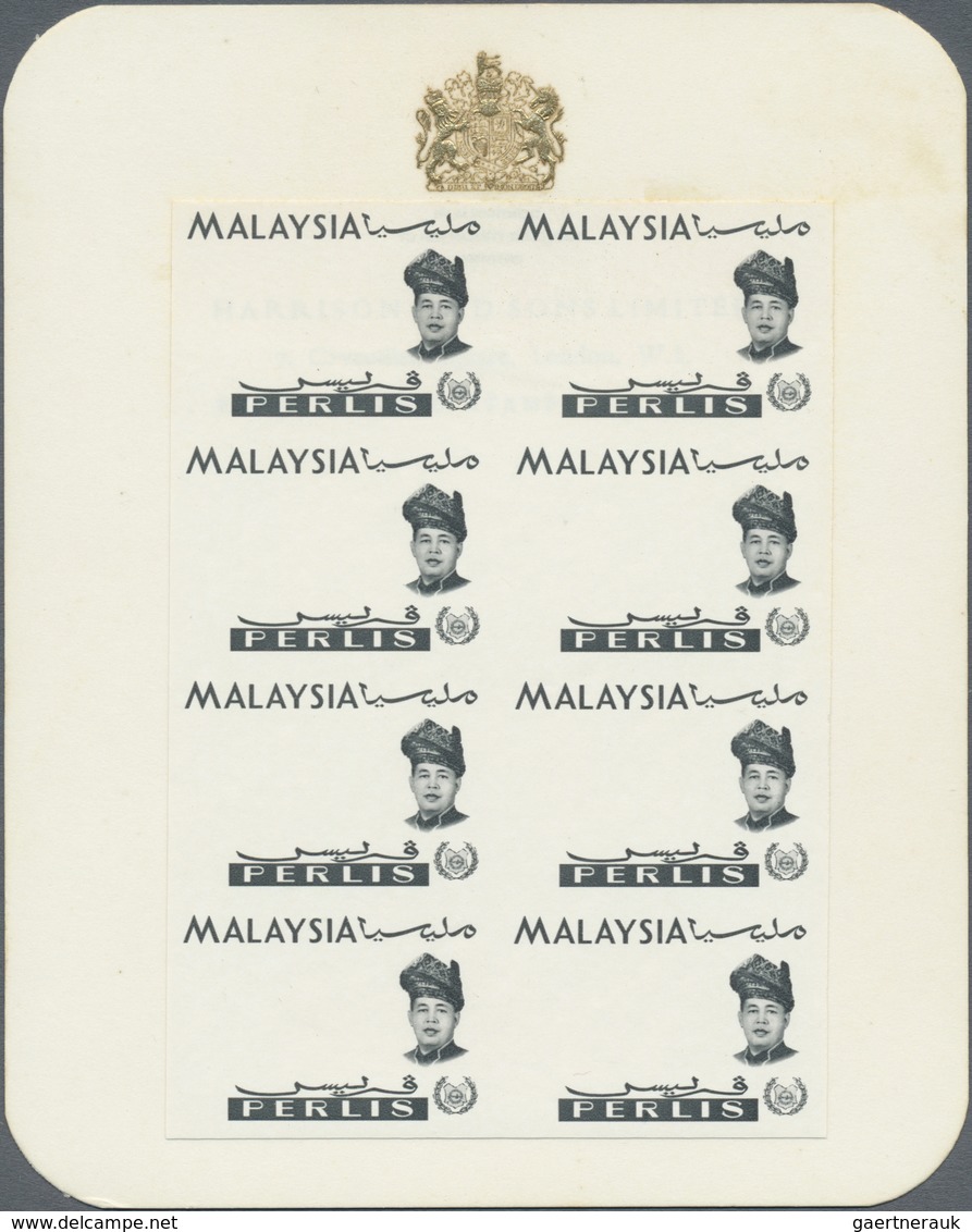 **/(*) Malaiische Staaten - Perlis: 1965, Orchids Imperforate PROOF Block Of Eight With Black Printing Only - Perlis