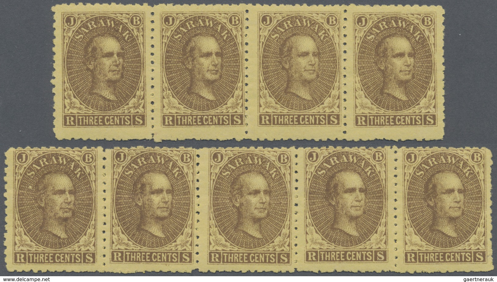 * Malaiische Staaten - Sarawak: 1869, Sir James Brooke 3c. Brown On Yellow In Two Horiz. Strips Of Fou - Other & Unclassified