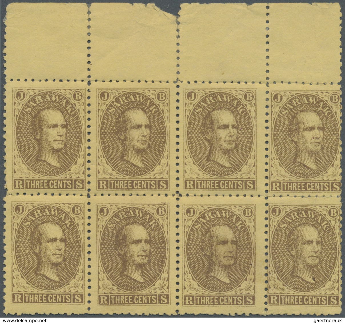 (*) Malaiische Staaten - Sarawak: 1869, Sir James Brooke 3c. Brown On Yellow Marginal Block Of Eight Fro - Andere & Zonder Classificatie