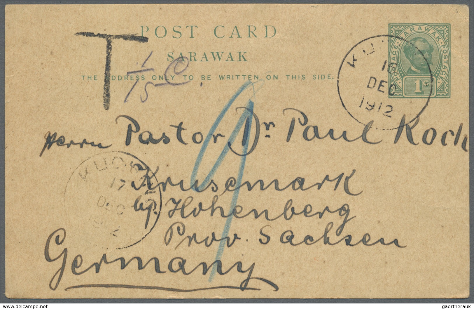 GA Malaiische Staaten - Sarawak: 1912: Large Tax Handstamp "T" On Postal Stationery Card 'Sir Charles B - Other & Unclassified