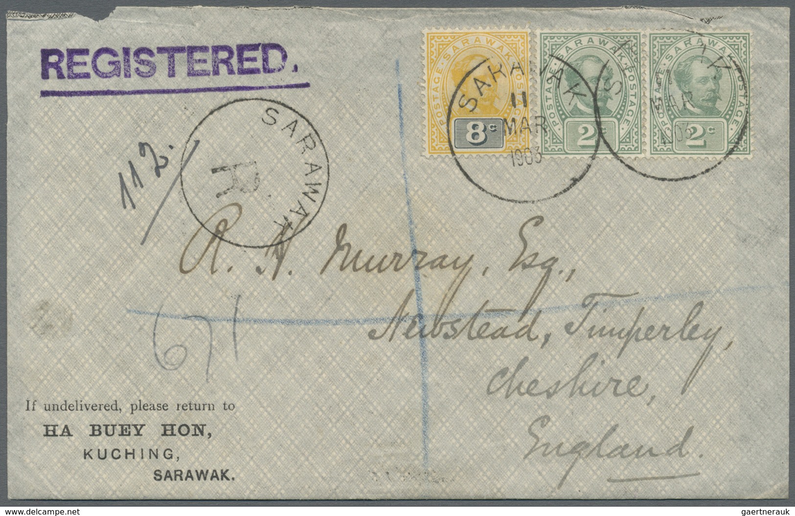 Br Malaiische Staaten - Sarawak: 1903. Registered Envelope (small Faults) Addressed To England Bearing - Other & Unclassified