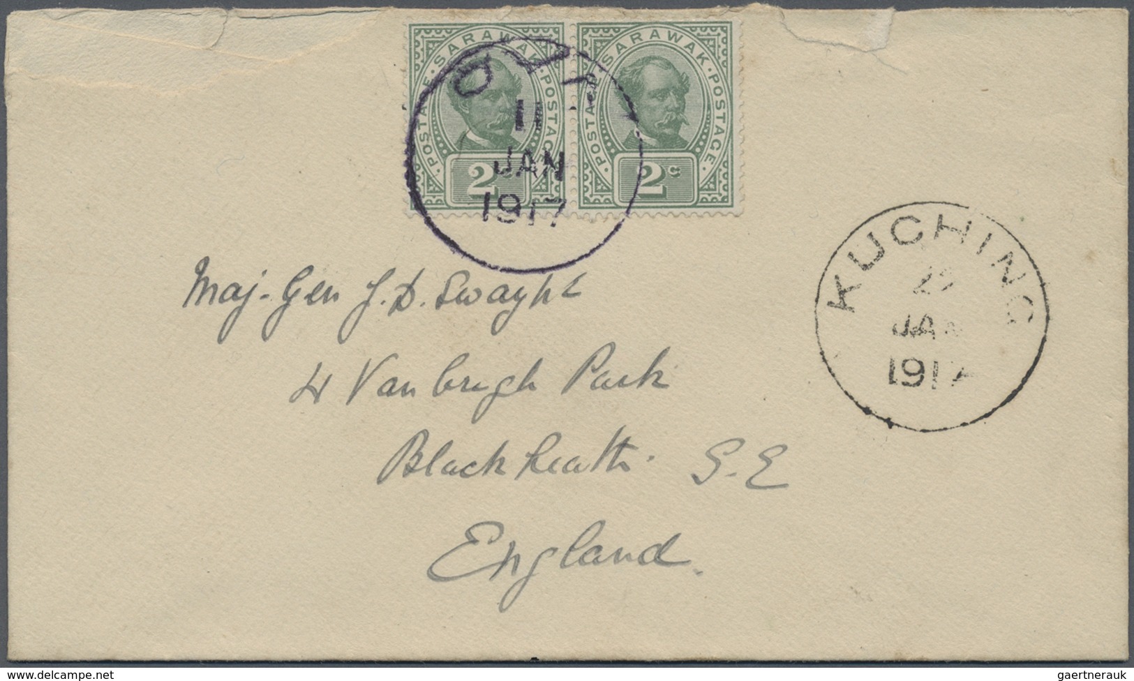 Br Malaiische Staaten - Sarawak: 1917 OYA: Cover To England Via Kuching Franked By 1899 2c. Green Pair - Andere & Zonder Classificatie