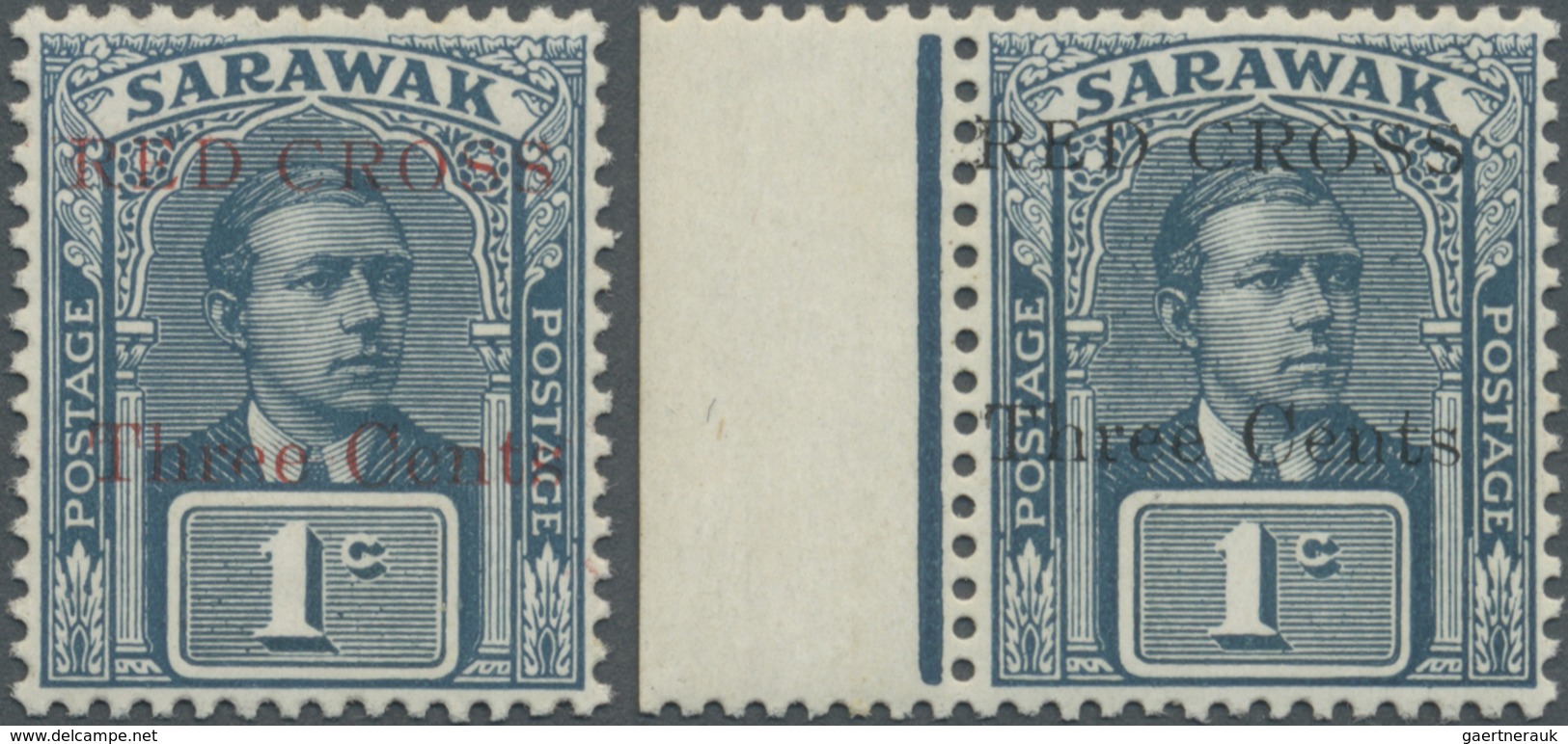 ** Malaiische Staaten - Sarawak: 1918, Sir Charles Vyner Brooke 1c. Slate-blue And Slate Two Stamps Wit - Andere & Zonder Classificatie