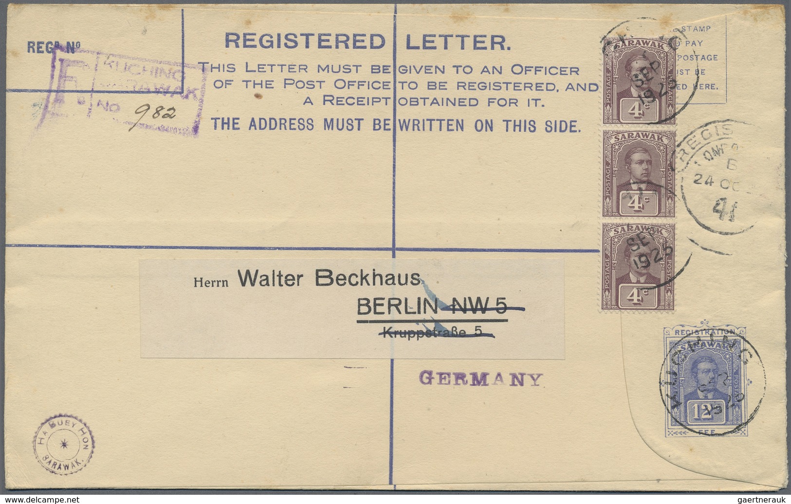 GA Malaiische Staaten - Sarawak: 1921 Postal Stationery Registered Envelope (202x127 Mm) Used From Kuch - Andere & Zonder Classificatie