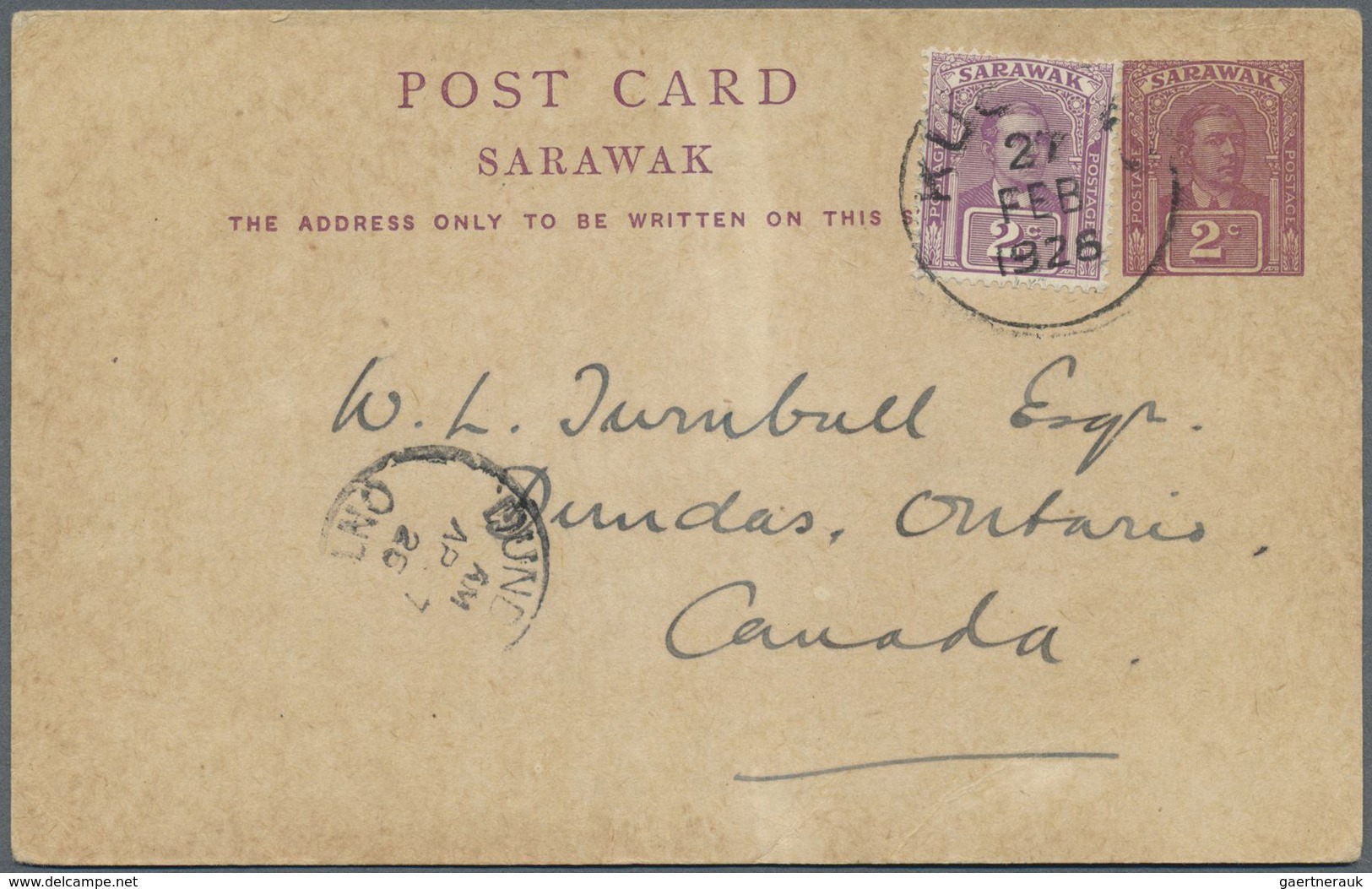 GA Malaiische Staaten - Sarawak: 1921 Postal Stationery Card 2c. Red-violet Used From Kuching To CANADA - Andere & Zonder Classificatie