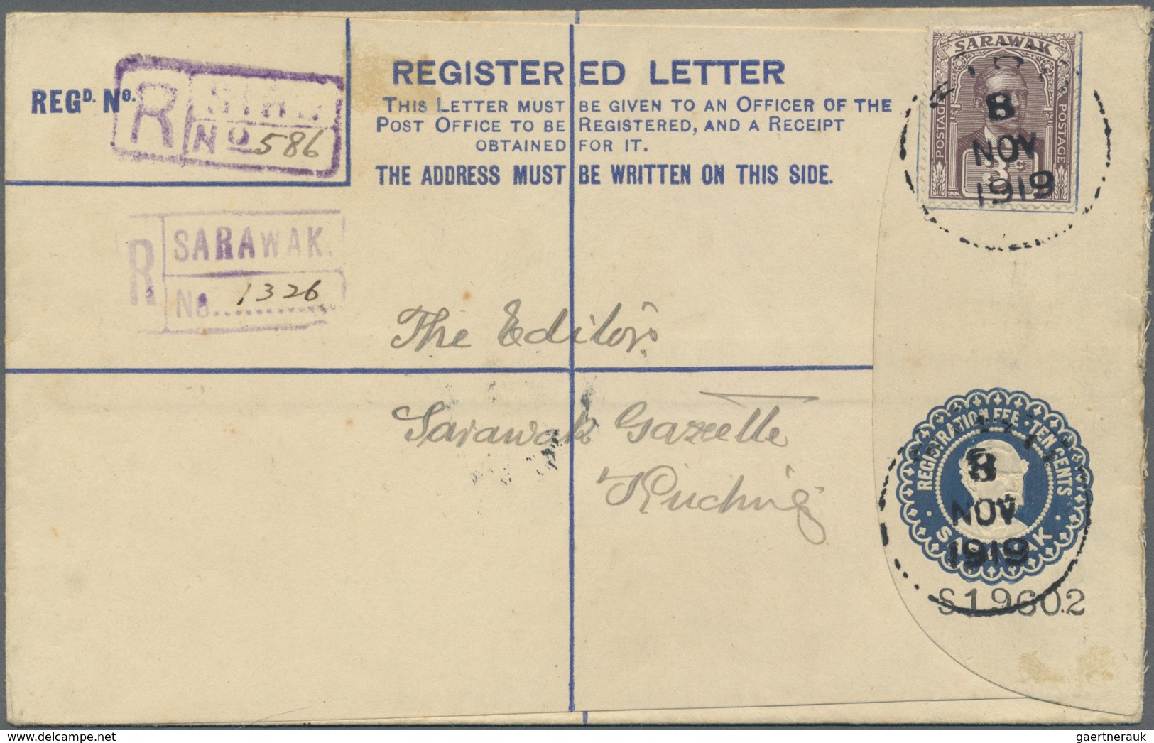 GA Malaiische Staaten - Sarawak: 1919, 10 C Blue Registered Pse, Uprated With 3 C Brown-purple, Sent Fr - Other & Unclassified