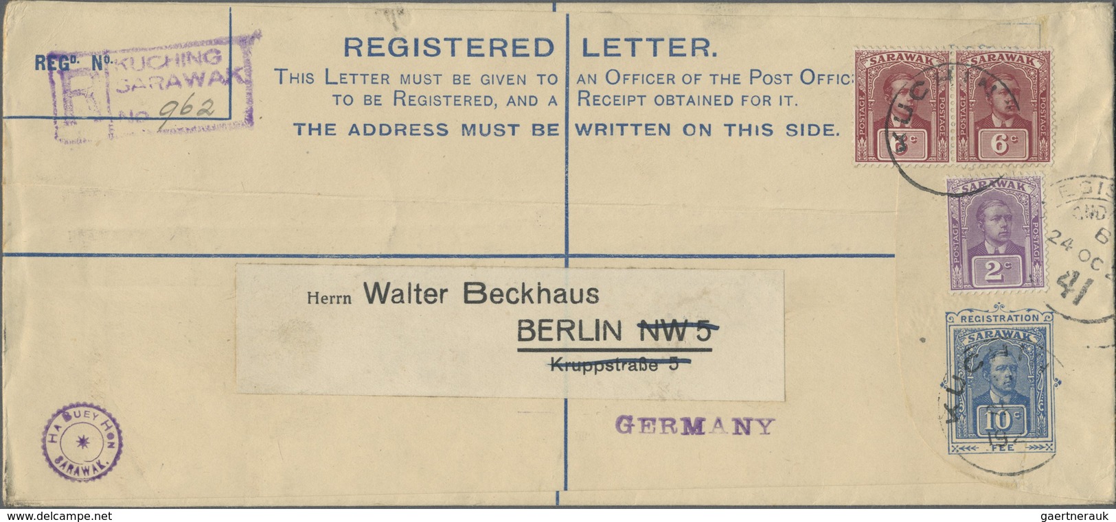 GA Malaiische Staaten - Sarawak: 1925, 10 C Blue Registered Pse, Uprated With 2 C Purple And 2 X 6 C Cl - Andere & Zonder Classificatie