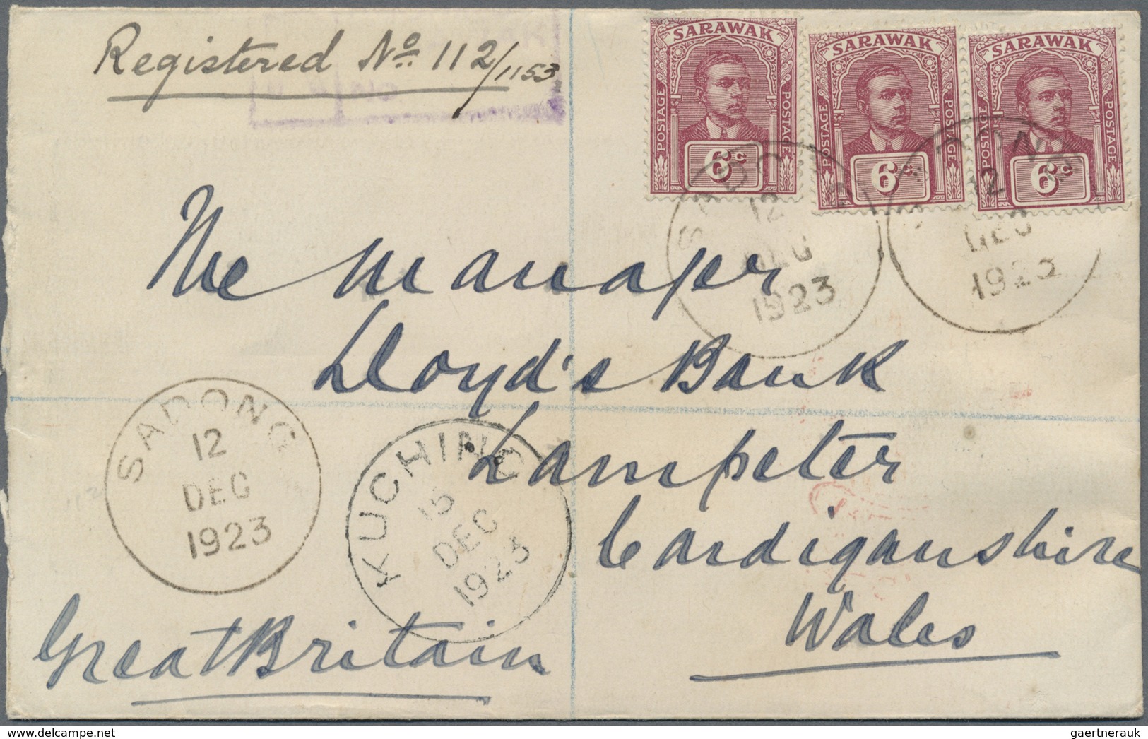 Br Malaiische Staaten - Sarawak: 1923 Registered Cover From Sadong (Simunjan) To Lampeter, Wales Via Ku - Other & Unclassified