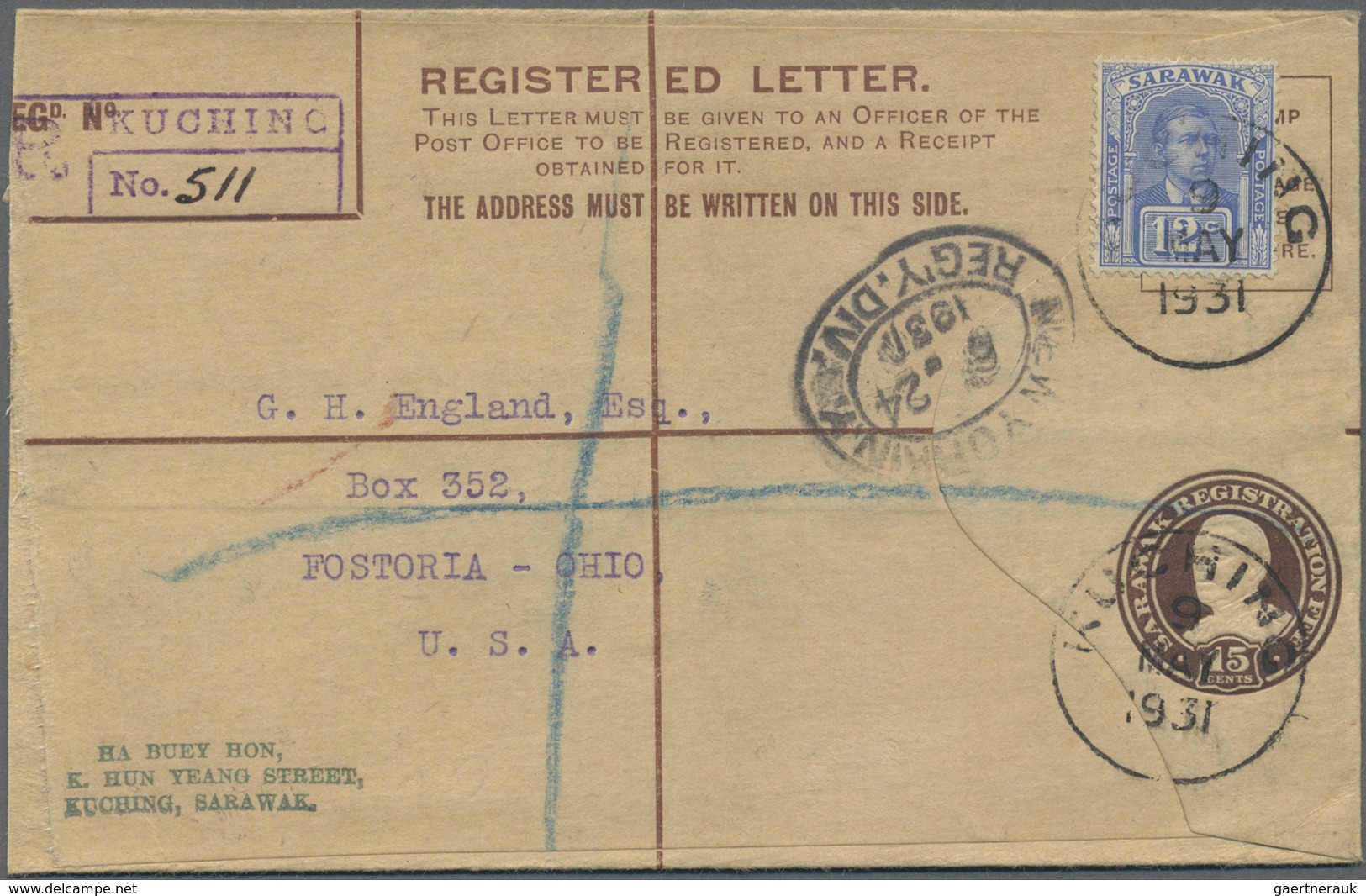 GA Malaiische Staaten - Sarawak: 1931, 15 C Brown Registered Pse, Uprated With 12 C Bright Blue, Sent F - Other & Unclassified