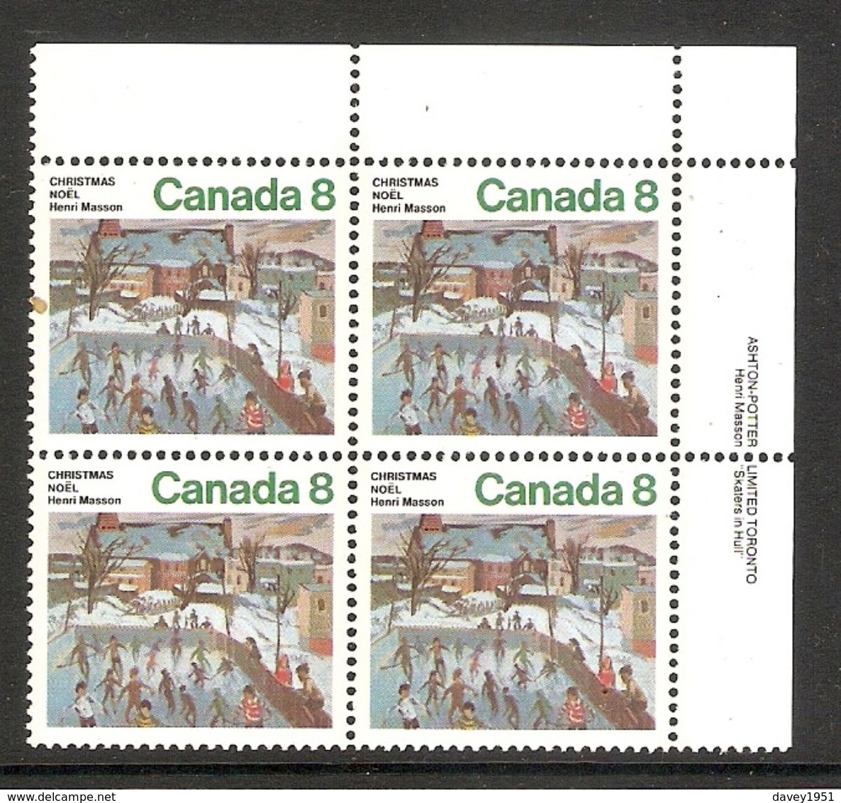 006351 Canada 1974 Christmas 8c Plate Block UR MNH - Plate Number & Inscriptions