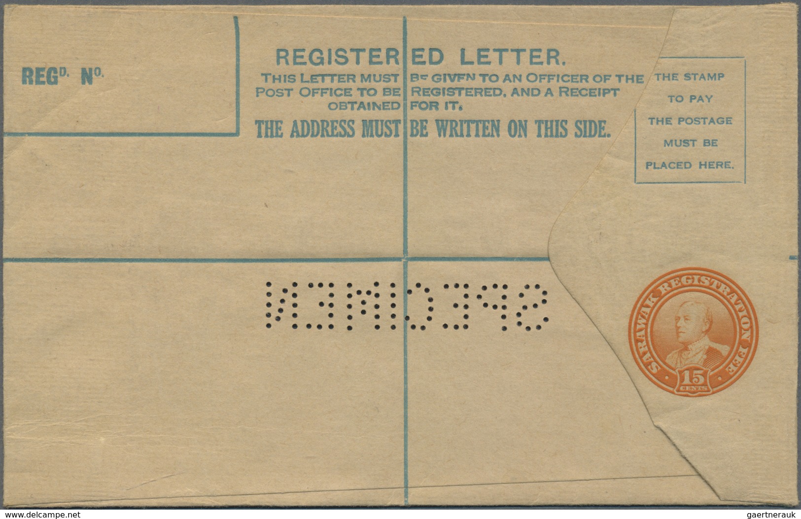 GA Malaiische Staaten - Sarawak: 1934, 15 C Orange Registered Postal Stationery Envelope, Size 151x94mm - Other & Unclassified