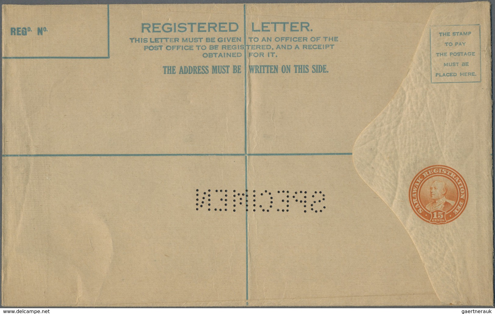 GA Malaiische Staaten - Sarawak: 1934, 15 C Orange Registered Postal Stationery Envelope, Size 201x125m - Andere & Zonder Classificatie