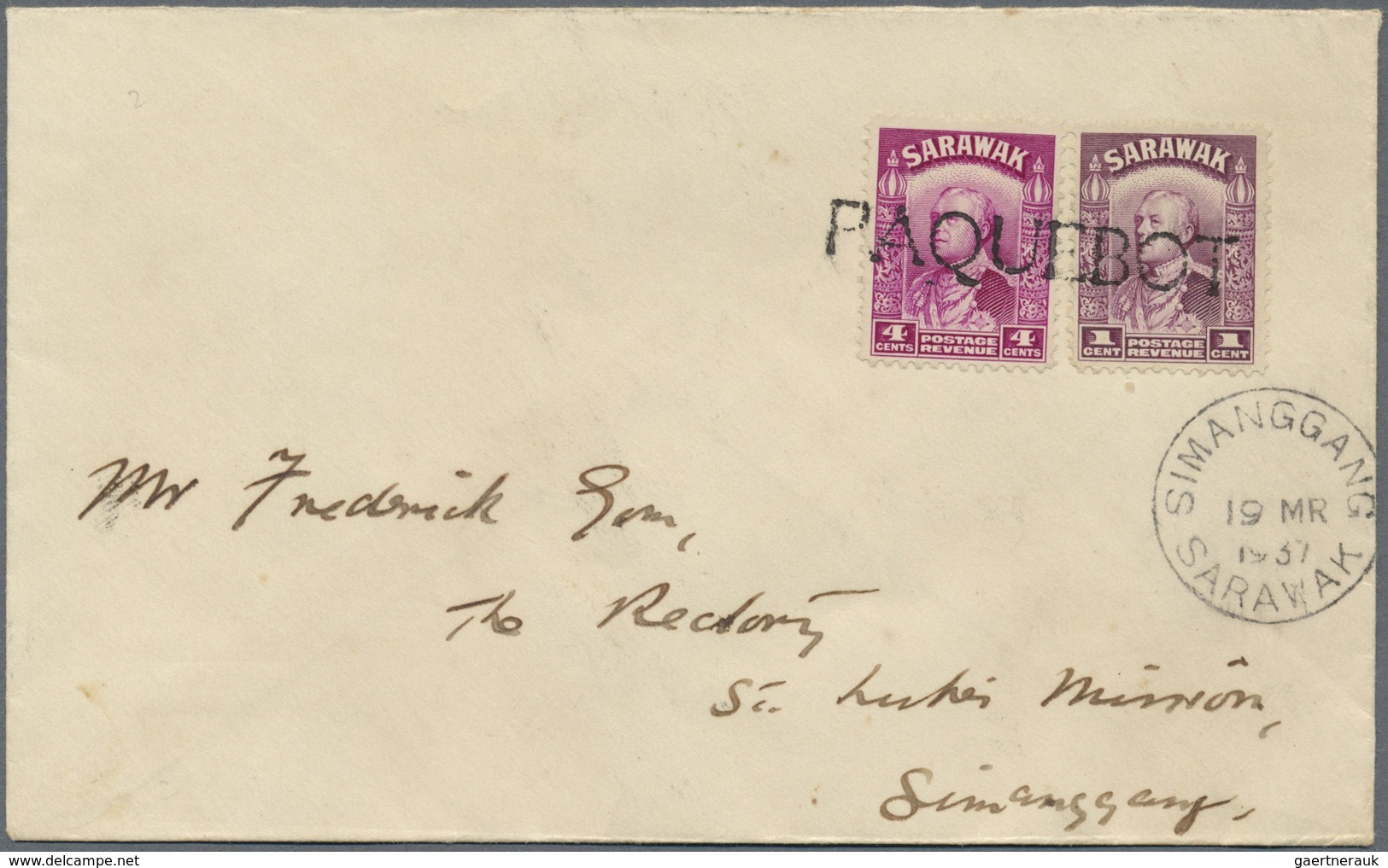 Br Malaiische Staaten - Sarawak: 1937, 1 C Purple And 4 C Bright Purple, Tied By Single Line PAQUEBOT ( - Andere & Zonder Classificatie