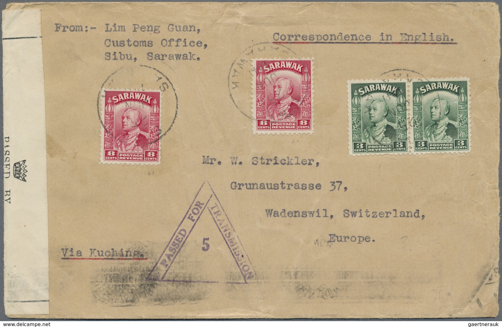 Br Malaiische Staaten - Sarawak: 1941, 2 X 3 C Green And 2 X 8 C Carmine, Mixed Franking On Cover From - Andere & Zonder Classificatie