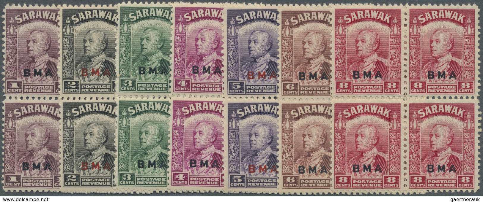 **/* Malaiische Staaten - Sarawak: 1945, Sir Charles Vyner Brooke with BMA opt. complete set of 20 in blo